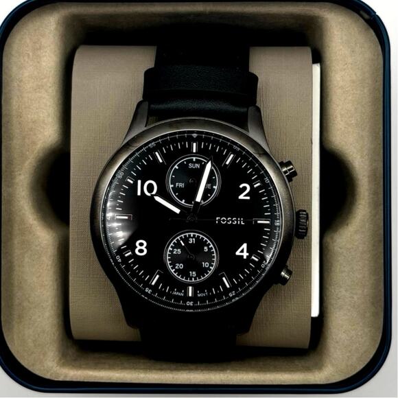 Fossil Bennett BQM7089 Mens 45mm Black Dial Black Leather Multifunction Quartz - Picture 7 of 17